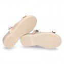 T-strap little mary Jane shoes with buckle fastening in metal finish canvas.