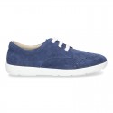 Classic suede leather Laces up shoes tennis style with ties closure and perforated design.