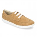 Classic suede leather Laces up shoes tennis style with ties closure and perforated design.