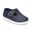 Little Washable leather T-strap shoes with buckle fastening.