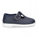 Little Washable leather T-strap shoes with buckle fastening.