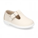 Little Washable leather T-strap shoes with buckle fastening.