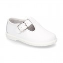 Little Washable leather T-strap shoes with buckle fastening.