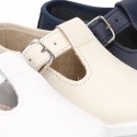 Little Washable leather T-strap shoes with buckle fastening.