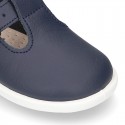 Little Washable leather T-strap shoes with buckle fastening.