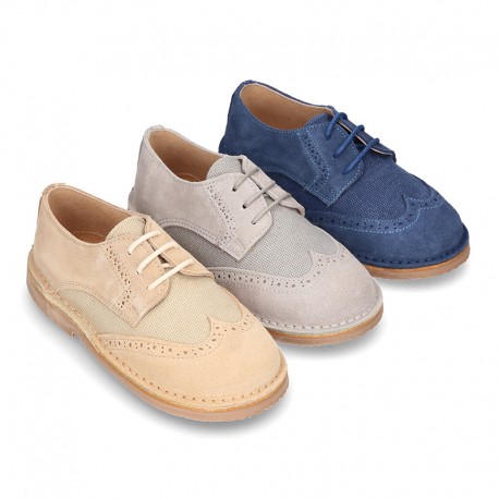 Combined Kids Laces up shoes for ceremony in leather with cotton canvas.