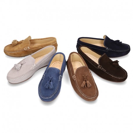 Suede leather moccasin shoes with TASSELS and driver type Outsole for toddler boys.