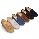 Suede leather moccasin shoes with TASSELS and driver type Outsole for toddler boys.