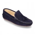 Suede leather moccasin shoes with TASSELS and driver type Outsole for toddler boys.