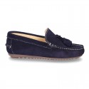 Suede leather moccasin shoes with TASSELS and driver type Outsole for toddler boys.