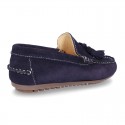 Suede leather moccasin shoes with TASSELS and driver type Outsole for toddler boys.