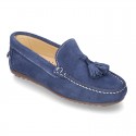 Suede leather moccasin shoes with TASSELS and driver type Outsole for toddler boys.