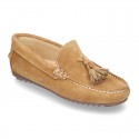 Suede leather moccasin shoes with TASSELS and driver type Outsole for toddler boys.