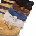 Suede leather moccasin shoes with TASSELS and driver type Outsole for toddler boys.