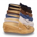 Suede leather moccasin shoes with TASSELS and driver type Outsole for toddler boys.