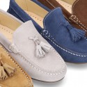 Suede leather moccasin shoes with TASSELS and driver type Outsole for toddler boys.