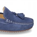 Suede leather moccasin shoes with TASSELS and driver type Outsole for toddler boys.