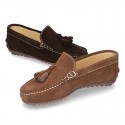 Suede leather moccasin shoes with TASSELS and driver type Outsole for toddler boys.