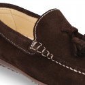 Suede leather moccasin shoes with TASSELS and driver type Outsole for toddler boys.