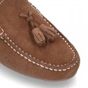 Suede leather moccasin shoes with TASSELS and driver type Outsole for toddler boys.