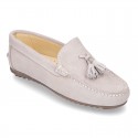 Suede leather moccasin shoes with TASSELS and driver type Outsole for toddler boys.