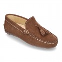 Suede leather moccasin shoes with TASSELS and driver type Outsole for toddler boys.