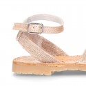 LINEN canvas Menorquina sandals with rear strap and buckle fastening.