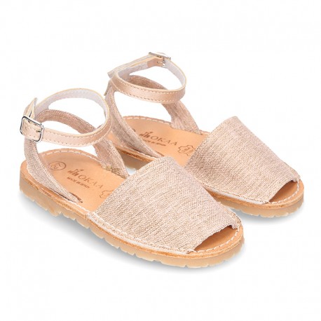 LINEN canvas Menorquina sandals with rear strap and buckle fastening.