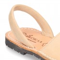 Nobuck leather kids Menorquina sandals with rear strap.