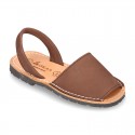 Nobuck leather kids Menorquina sandals with rear strap.