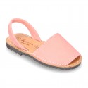 Nobuck leather kids Menorquina sandals with rear strap.