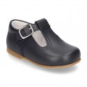 Classic Nappa Leather pepitos or T-strap shoes with buckle fastening.