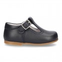 Classic Nappa Leather pepitos or T-strap shoes with buckle fastening.