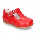 Classic Nappa Leather pepitos or T-strap shoes with buckle fastening.