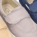 Suede leather Boat shoes with velcro strap.