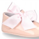 Soft Patent leather Little Mary Jane shoes for baby with ribbon.