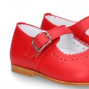 Classic RED nappa leather little Mary Janes with perforated flower design.
