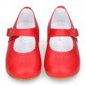 Classic RED nappa leather little Mary Janes with perforated flower design.