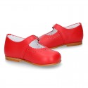 Classic RED nappa leather little Mary Janes with perforated flower design.