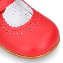 Classic RED nappa leather little Mary Janes with perforated flower design.