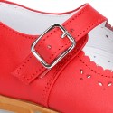 Classic RED nappa leather little Mary Janes with perforated flower design.