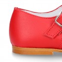 Classic RED nappa leather little Mary Janes with perforated flower design.