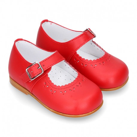 Classic RED nappa leather little Mary Janes with perforated flower design.