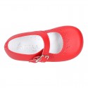 Classic RED nappa leather little Mary Janes with perforated flower design.
