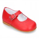 Classic RED nappa leather little Mary Janes with perforated flower design.