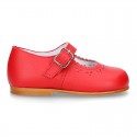 Classic RED nappa leather little Mary Janes with perforated flower design.