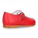 Classic RED nappa leather little Mary Janes with perforated flower design.