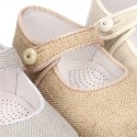 Classic LINEN Little Mary Jane shoes with bottom fastening. .