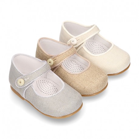 Classic LINEN Little Mary Jane shoes with bottom fastening. .