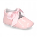 Patent leather Little Mary Janes angel style with waves and ties.